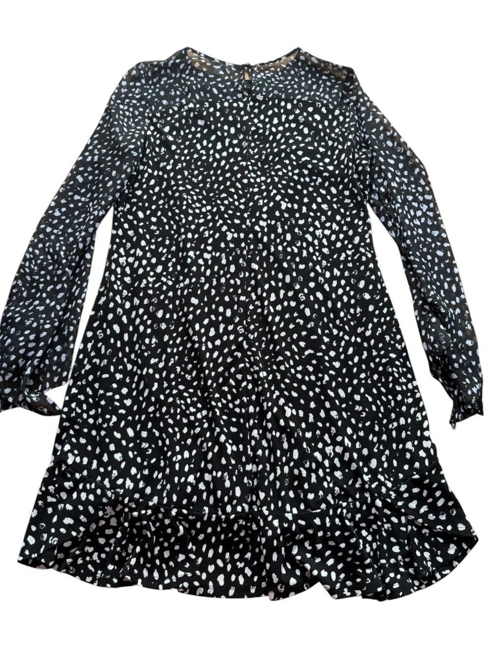 Cato Women's Small Black White Dot Long Bell Sleeve Drop Waist Ruffle Dress